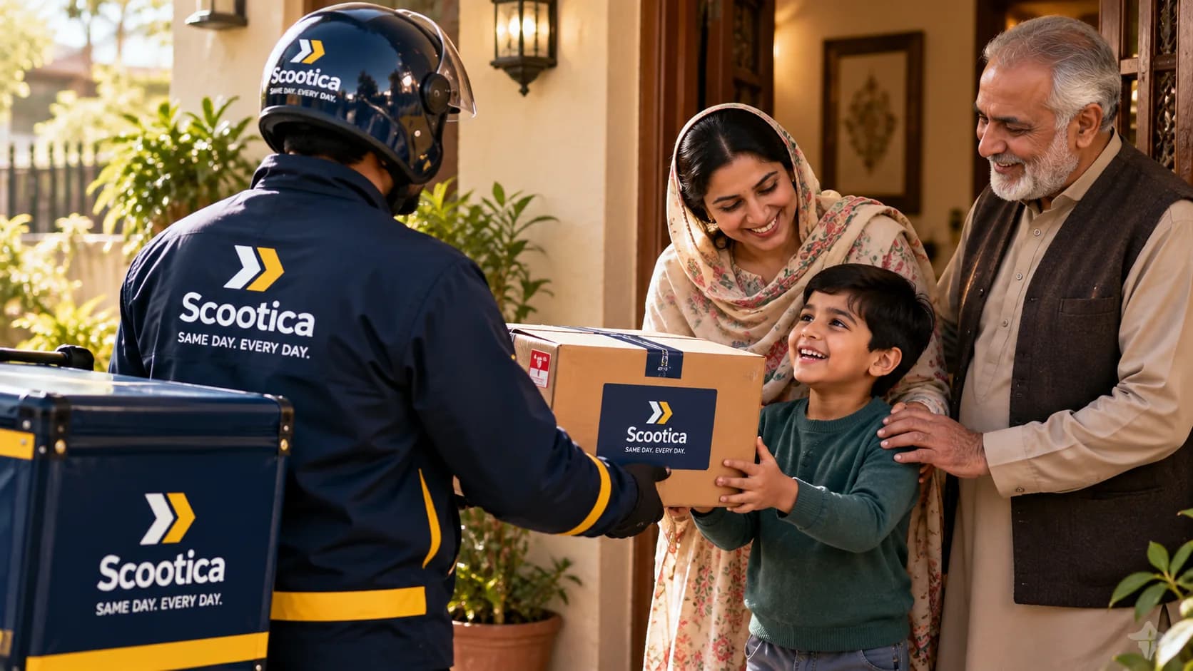 A family receiving a parcel sent from abroad