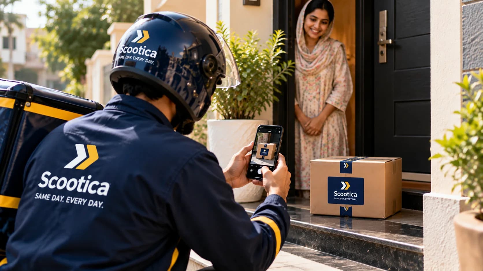 A Scootica rider photographing a parcel at the customer's door