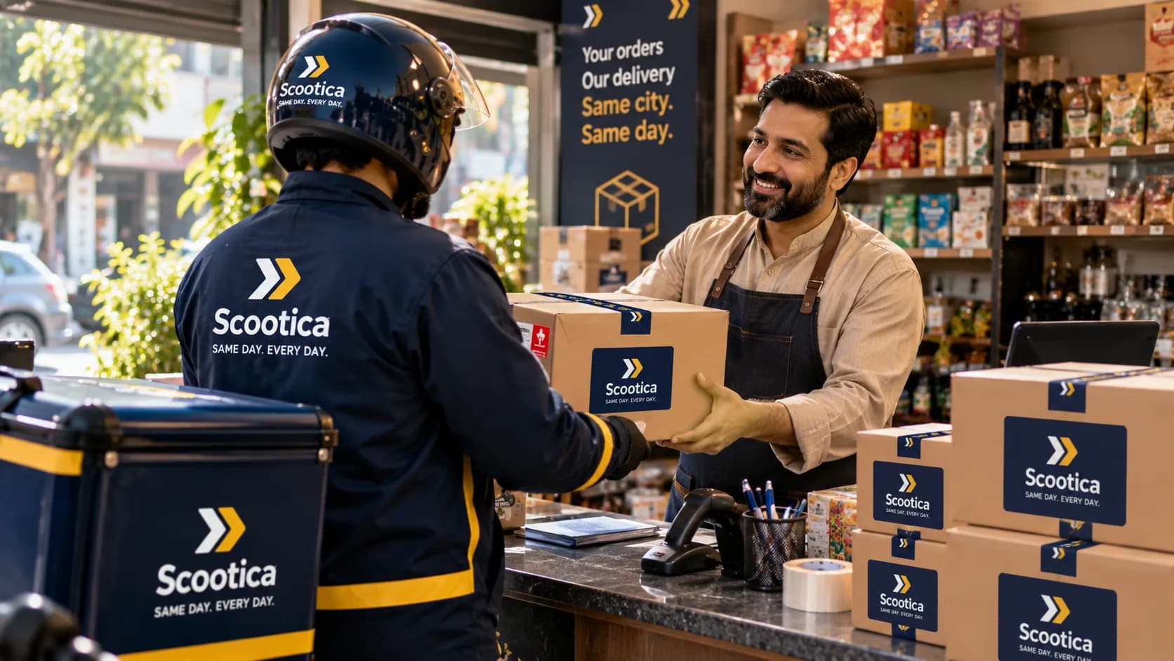 A Scootica rider collecting a parcel at a shop counter