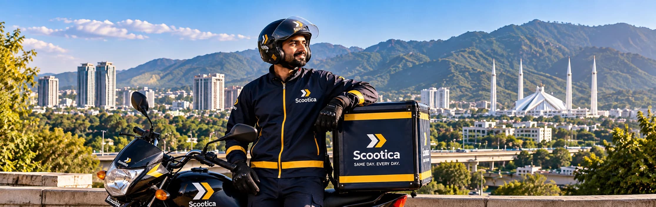 A Scootica rider beside his bike, with the Margalla Hills and Faisal Mosque behind him